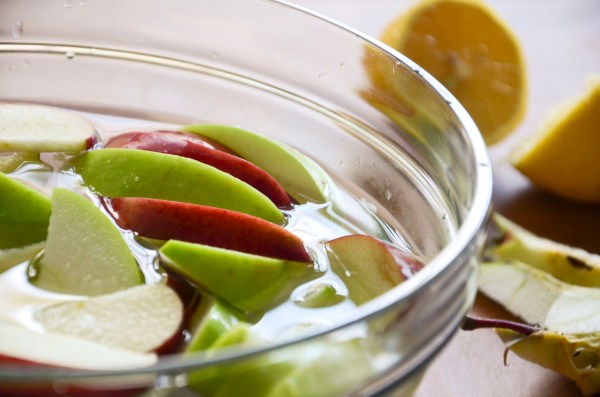 Brine your apple wedges in 3 cups ice water: 2 Tbs lemon juice to keep the flesh white and bring out tartness